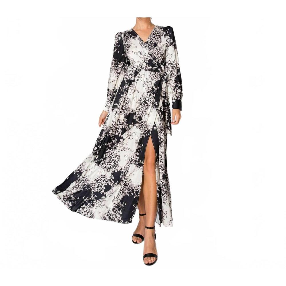 NEW INA FASHION puff sleeve belted maxi dress in black/ivory